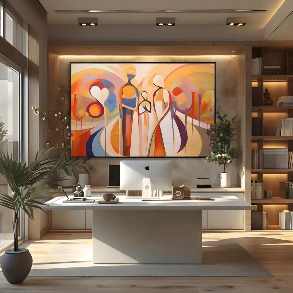 Tablou canvas cu tablou canvas cu familie abstracta, in rama de aluminiu negru, pe perete intr-un birou